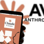 Hand holding a smartphone displaying the Claude by Anthropic app on an orange screen, with the AI Anthropic logo and an abstract orange background in view.