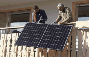 Two people install a solar panel on a balcony railing of a house, mounting it for solar power.