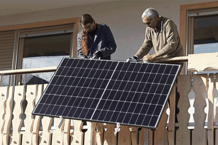 Two people install a solar panel on a balcony railing of a house, mounting it for solar power.