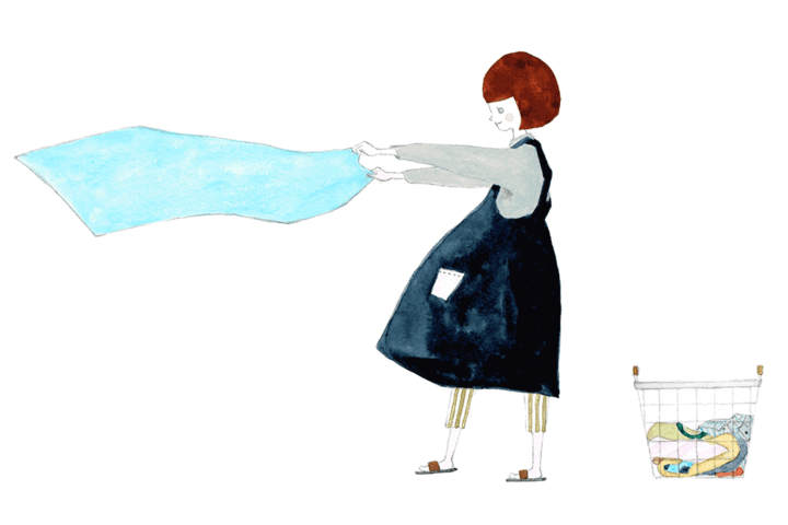 Illustration of a woman in a dark apron stretching a large blue cloth to dry laundry, with a laundry bin of clothes nearby.