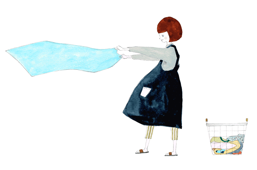 Illustration of a woman in a dark apron stretching a large blue cloth to dry laundry, with a laundry bin of clothes nearby.