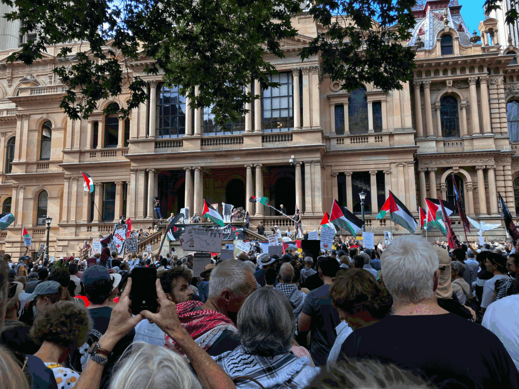 Large crowd of protesters in front of a historic sandstone building, waving Palestinian flags and holding signs.