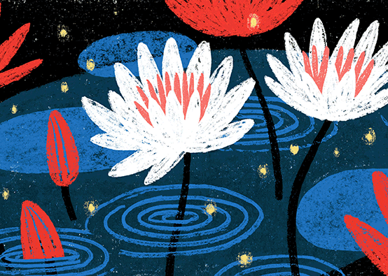 Stylized pond scene with white water lilies, red buds, and dark blue water with ripples and lily pads.