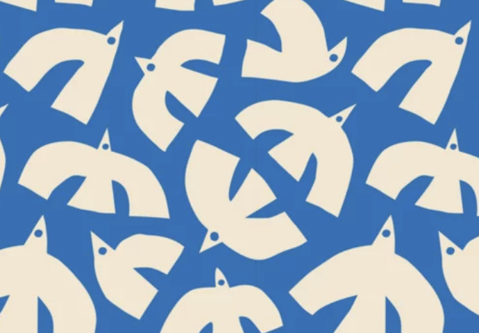 Pattern of cream-colored bird silhouettes repeating on a blue background.