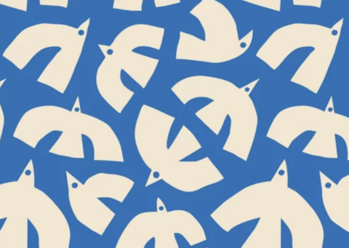 Pattern of cream-colored bird silhouettes repeating on a blue background.