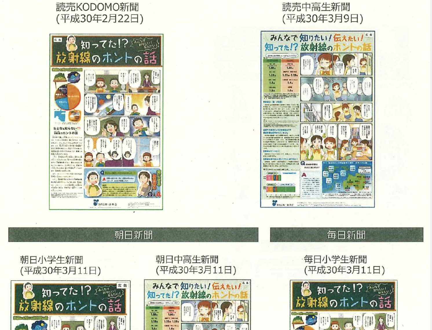 Catalog page showing four colorful Japanese comic-style newspaper inserts about radiation facts, with speech bubbles and characters.",