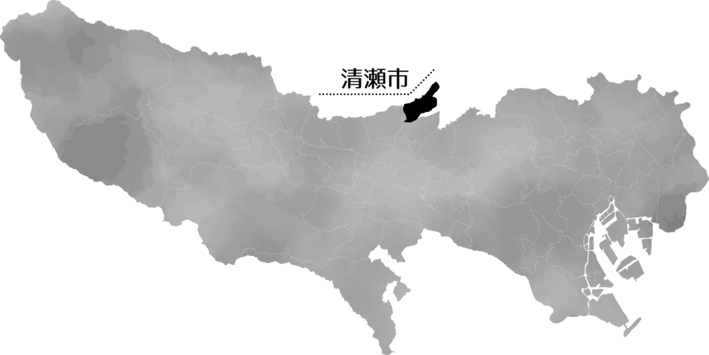 Grey shaded map of Taiwan with county borders highlighted and a dotted leader pointing to a location labeled with Japanese text, 清瀬市, in the north-central area.